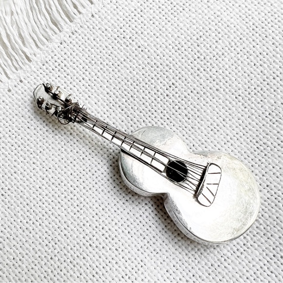 1970s Vintage TAXCO Mexico Guitar Sterling Silver Brooch Pin - Picture 5 of 8
